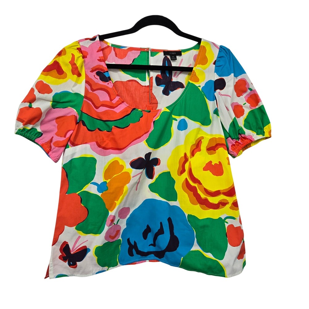 J.Crew Floral Butterfly Top Blouse Womens 10 Bright Colors Crop Puff Slv Cotton